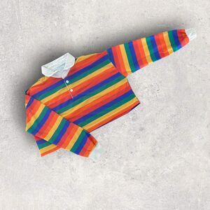 Preppy Striped Rainbow Rugby Crop Top – Colorblock Polo Tee (S/M)